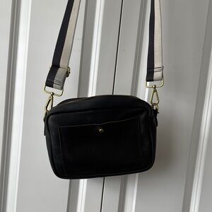 Madewell - Black Leather Crossbody Bag with Striped Strap